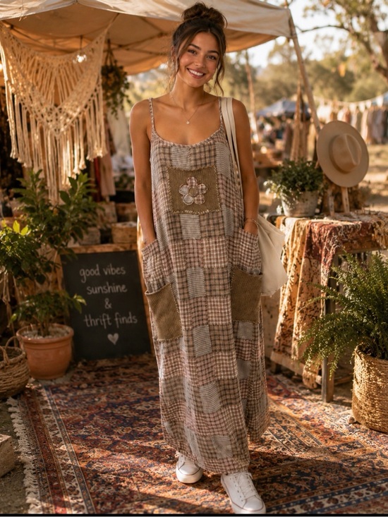 UNIF Dresses & Skirts - Boho Patchwork Maxi Dress with Front Pockets - Beige & Tan size m
